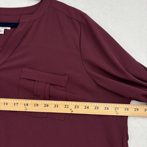Denim & Co Blouse Top Size 2X Raisin Red Button Up Shirt Roll Tab Sleeve Stretch - Picture 7 of 9